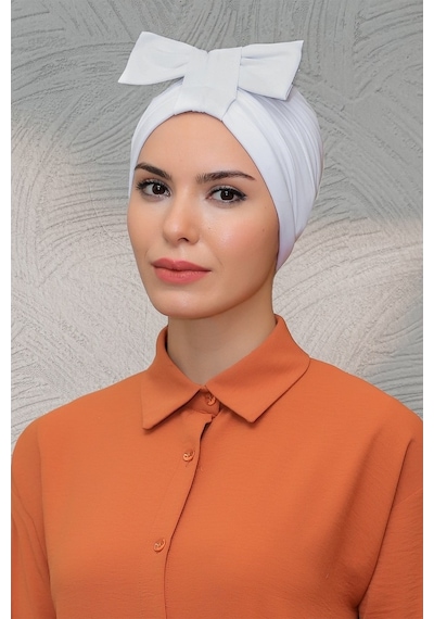 Hürrem Bone Beyaz Pratik Hazır Geçmeli Tesettür Bone Sandy Kumaş Fiyonklu Büz Beyaz