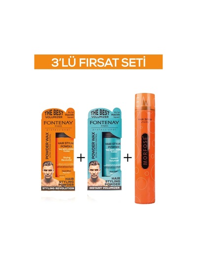 Fontenay Saç Şekillendirici Pudra Toz Wax Ultra Strong Turuncu 20gr + Matt Effect Mavi 20 gr + 400ml Saç Spreyi 3'lü Set