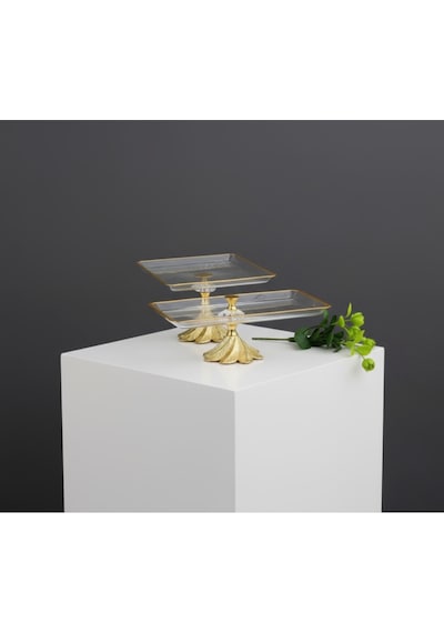 Çnr Home Collection 2 Parça Gold Semazen Metal Ayakli Pasta Sunumluk Kurabiyelik Seti Altin