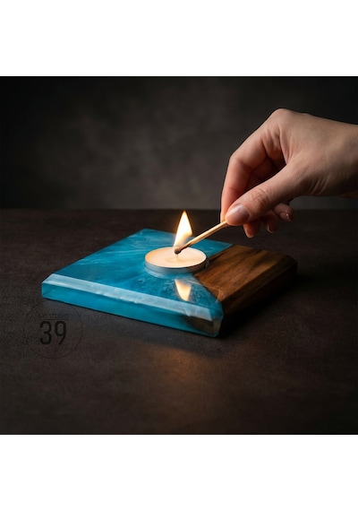 Classic Ceviz & Epoksi Mumluk El Yapımı Tealight Mumluk 12x12 Cm Tasarım Dekoratif Mumluk Mavi