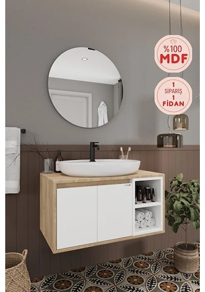 Gül Beyaz 80 Cm %100 Mdf Lavabolu Banyo Dolabı Ayna Lavabo Beyaz
