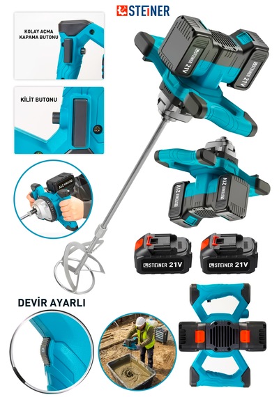 Steiner 21v Çift Akülü Bakır Sargı Devir Ayarlı Şarjlı Alçı Boya Ve Harç Karıştırıcı Mikser Makinesi