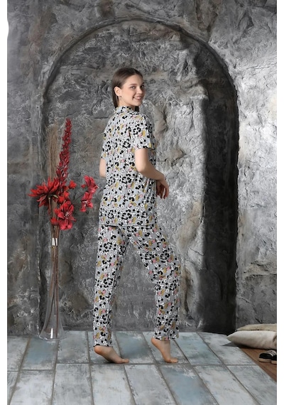 Yazlık Mickey Baskılı Kısa Kol Pijama Takımı Yeni Sezon Gri