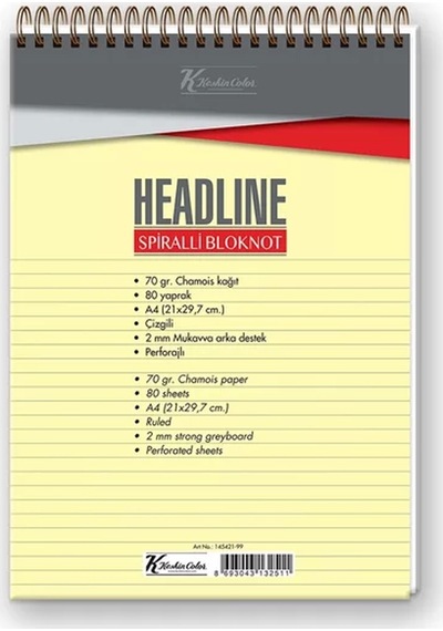 Keskin Headline Spiralli Bloknot A4 Çizgili 80 Yaprak 145421