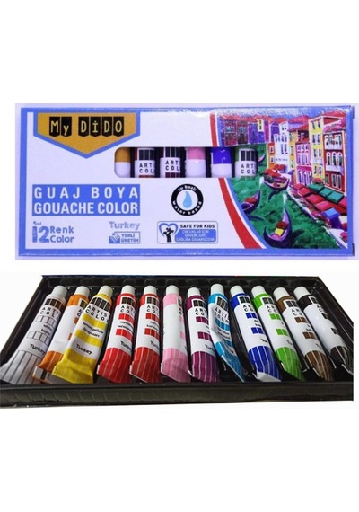Guaj Boya 12 Renk x 9 Ml Su Bazlı Tüp 1 Paket Mydido Guaj Boya 12 li Çok Renkli