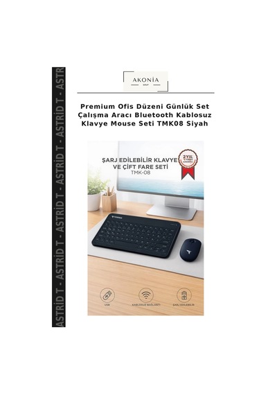 Premium Ofis Düzeni Günlük Set Çalışma Aracı Bluetooth Kablosuz Klavye Mouse Seti Tmk08 Siyah