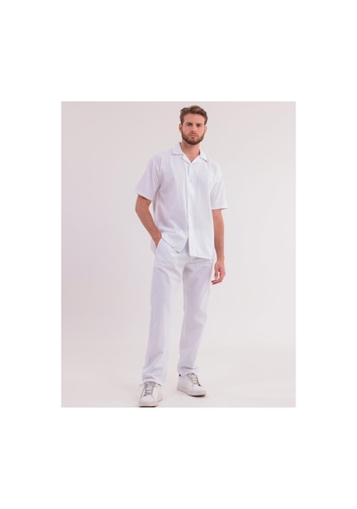 Erkek Siyah Keten Takım Oversize Gömlek & Pantolon 2'li Set Bağcıklı Rahat Yazlık Kombin Beyaz