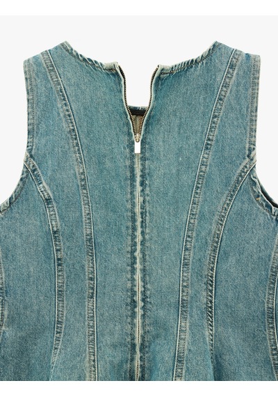 Koton Pamuklu Bisiklet Yaka Fermuarlı Nervürlü Kolsuz Denim Bluz Ovd 6sal30031md
