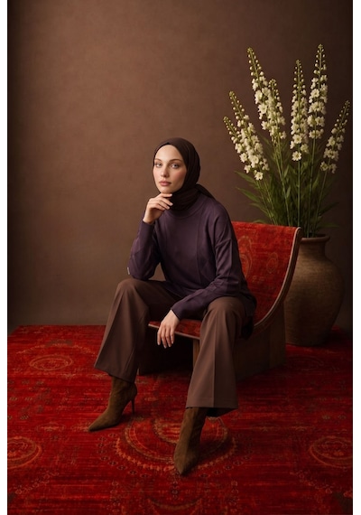 Avenna Baklava Desenli Dik Yaka Uzun Kollu Rahat Kesim Tunik Kahverengi 26kad406