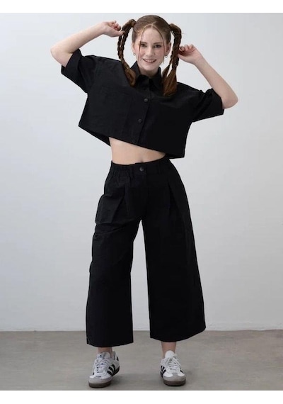 Zekids Kız Çocuk Crop Gömlek Poplin Pantolon Takım-15793 Siyah