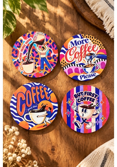 More Coffee Please, Kahve Temalı 4 Lü Bardak Altlığı Set 9 Cm, 3 Mm Ahşap Mdf, Dijital Baskı - 930345164 Diğer