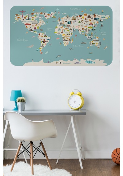 Eğitici Dünya Haritası Dünya Atlası Çocuk Ve Bebek Odası Duvar Sticker-85x130-3786 Çok Renkli