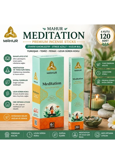 Mahur Meditation Tütsü 120 Adet 6 Kutu X 20 Çubuk, Premium Kokulu Çubuk Tütsü, Meditasyon Yoga Ev Ve Ofis İçin Ortam K
