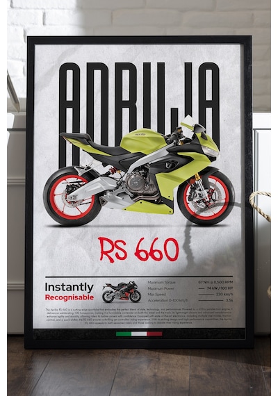 Aprilia Rs 660 Siyah Ahşap Çerçeveli Poster, Dekoratif Motosiklet Duvar Tablosu Çok Renkli