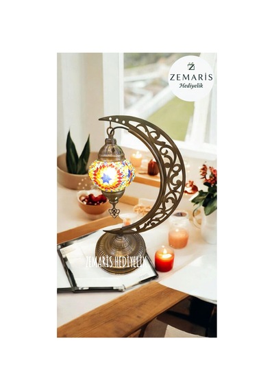 El Yapımı Otantik Mozaik Hilal Masa Lambası Abajur Kırmızı - 719078231 Kırmızı