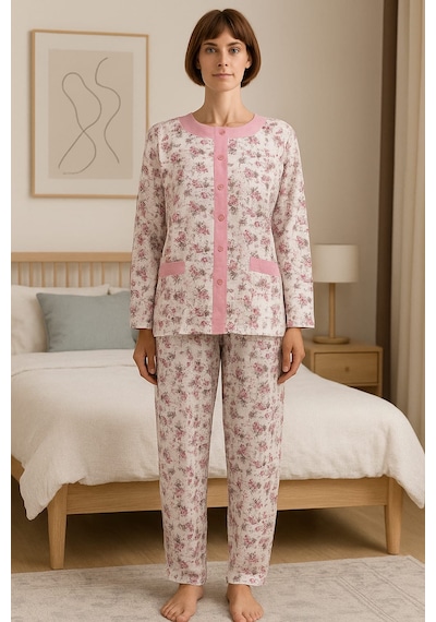 Aysun Tekstil Pamuklu Kumaştan Geniş Kesim Önden Açık Pembe Kadın Pijama Takım