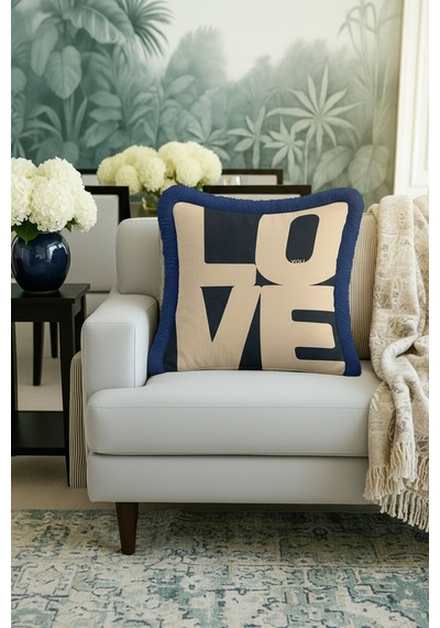 Love Modern Lüx Saçaklı Yastık Kılıfı-navy Geometrik Mavi Bej Kombinasyonlu Püsküllü Kırlent Kılıfı Çok Renkli