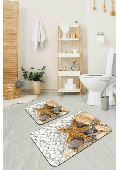 Bej Deniz Kabuklu Banyo Halısı Klozet 2'li Paspas Seti Bs209n11