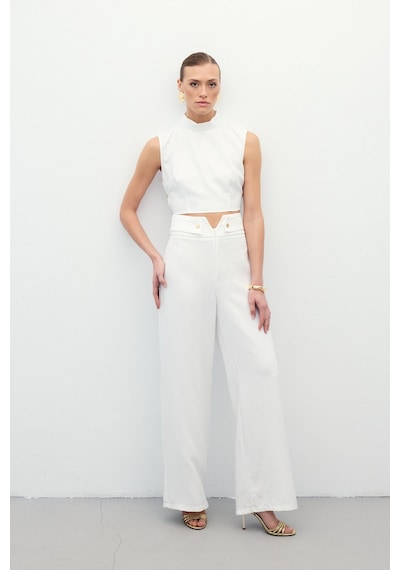 Sateen Bel Detaylı Pantolon - Ekru-135630 Ekru