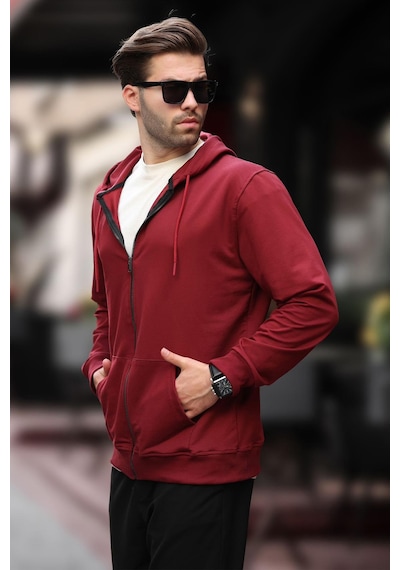 Madmext Bordo Kapüşonlu Fermuarlı Erkek Hırka 7070 Bordo