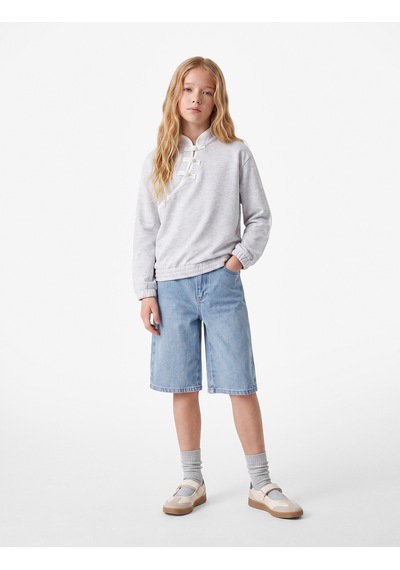 Koton Düğmeli Şardonlu Uzun Kollu Hakim Yaka Sweatshirt Kar Melanj 7wkg10607ak Gri Melanj