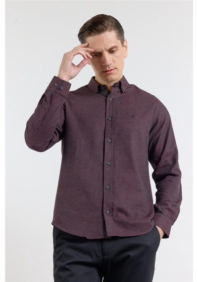 İmza Bordo - Siyah Düğmeli Yaka Uzun Kol Cepsiz Slim Fit Pamuklu Gömlek 1004255233