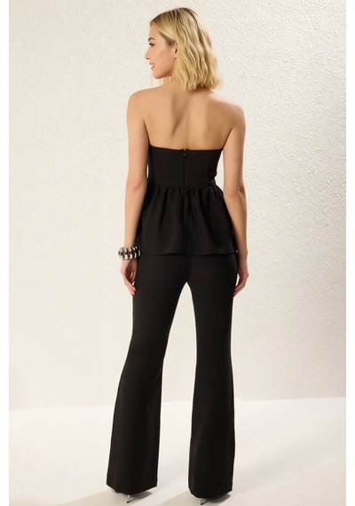 Benerly Kadın Straplez Düğmeli Peplum Bluz Flare Pantolon Dokuma İki Parç siyah Benerly Kadın Straplez Düğmeli Peplum Bluz Flare Pantolon Dokuma İki Parç siyah