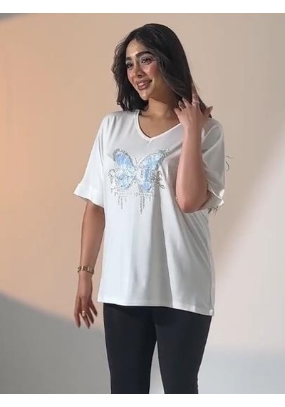 Elaxi Leopar Kelebek Desenli Bluz Beyaz