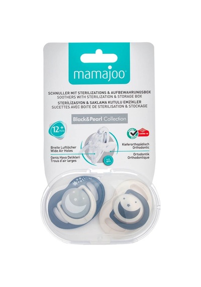 Mamajoo Sterilizasyon & Saklama Kutulu Black & Pearl Desenli İkili Ortodontik Emzik Gece & Gündüz / 12 Ay+ Siyah