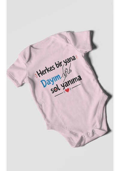 Morivokids Herkes Bir Yana, Dayım Sol Yanıma Kısa Kollu Bebek Body %100 Pamuk Bebe Pembe