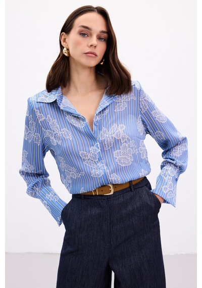 Sateen Geniş Manşetli Gömlek - Mavi-136905 Mavi