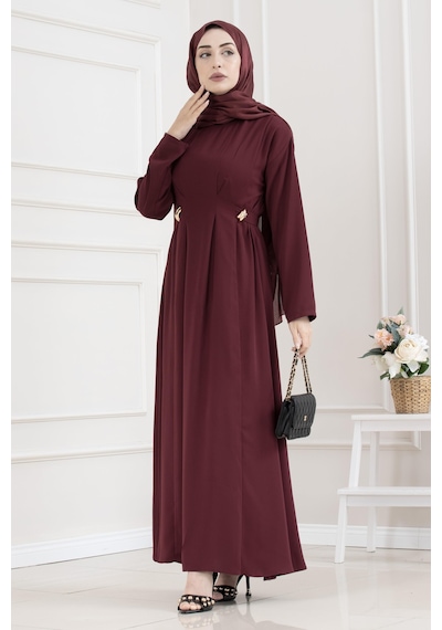 Sevitli Beli Toka Detaylı Tesettür Elbise-bordo-5661 Bordo