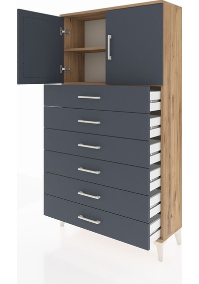 Arges Dolap 2 Raflı 6 Çekmeceli 2 Kapaklı 88x30x163 Çam-antrasit Çam