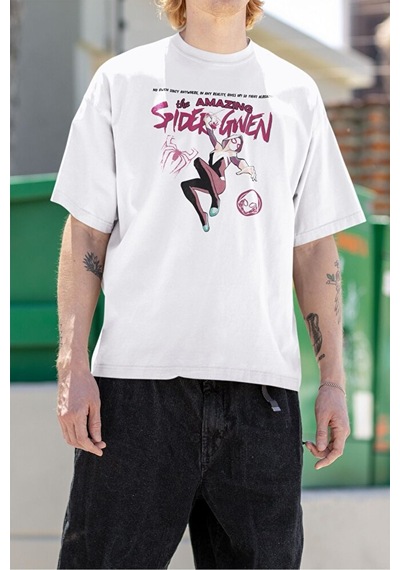 Sevbano The Amazing Spider Gwen Baskılı Unisex Tişört, Oversize Marvel Ti Beyaz