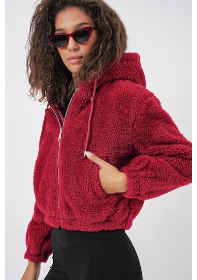 Bigdart 5193 Kapüşonlu Peluş Crop Ceket - Bordo