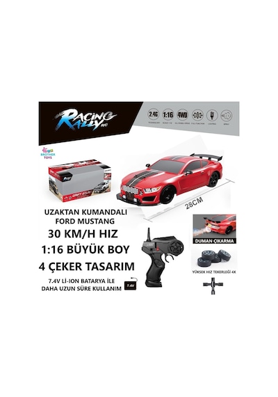 30 Km/h Hız Duman Çıkaran Şarjlı Ford Mustang Drift Atan Uzaktan Kumandalı Oyuncak Araba 28 Cm. Kırmızı