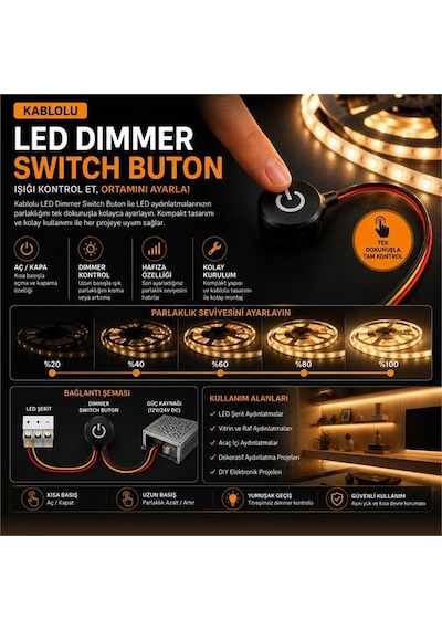 Pm-30787 12v Dc 10mm Gömme Dokunmatik Led Dimmer Kontrolcüsü Switch Buton Siyah Adaptor Sec-Kumanda-Metraj Seç Yok-Kumanda-Yok