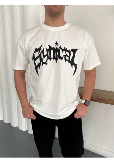 Erkek Bisiklet Yaka Ön Baskılı Kısa Kollu Tişört Streetwear Günlük Basic Pamuklu T-shirt - Beyaz Beyaz