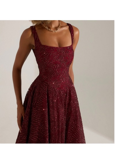 Uzer Abiye Işıltılı Sim Baskılı Jacquard Dokulu Kare Yaka Couture Premium Abiye Elbise,düğün Albisesi Bordo