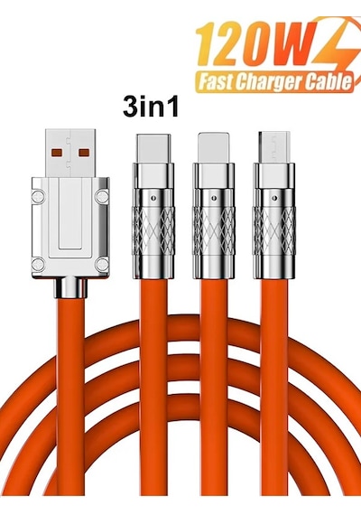 Süper Hızlı 120w Hızlı Şarj Destekli 3in1 Çelik Uçlu Çoklu Şarj Kablosu Turuncu 1