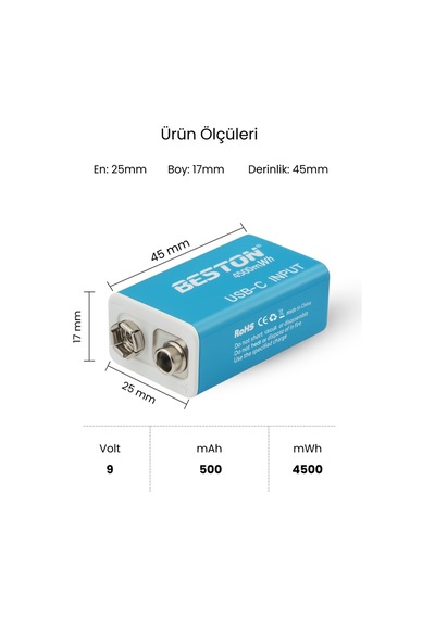 Type-c Usb Şarjlı 9v Pil Beston 1200mah 4500mwh Uzun Ömürlü 500 Şarj Döngüsü