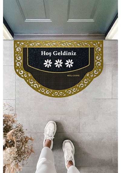 Yarım Ay Modeli Hoş Geldiniz Yazlı Çiçek Desenli Kapı Önü Paspası Altın