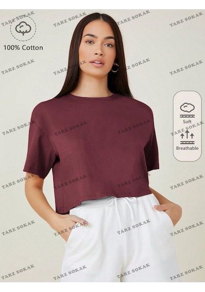 Flood Of Style Crop Ckod-232913 Pamuk Damla Omuz Düz Kısa Bordo