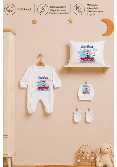 Pia Baby İsme Özel Erkek Bebek Tulum %100 Pamuk Organik Baskılı İsimli Bebek Tulumu 35x45 Cm Yastık Kılıfı Bebek Hediye Seti 1087yt3x Krem