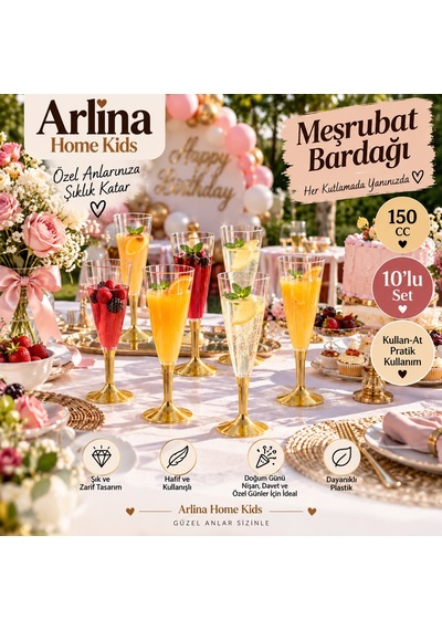Gold Taban Detaylı 150 Cc Plastik Meşrubat Bardağı 10 Lu Set Beyaz