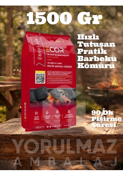 Tek Kibrit Ecor Mangal Kömürü 1,5 Kg Hızlı Tutuşan, Uzun Süre Yanan Kaliteli Kömür
