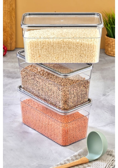 3 Parça Contalı Ve Sızdırmaz Kapaklı Saklama Kabı Seti Buzdolabı Ve Kuru Gıda Uyumlu 3x3600 Ml Şeffaf