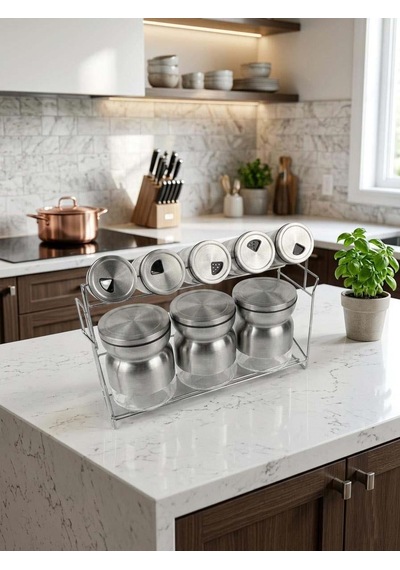 Modern Tasarım Metal Standlı Çok Amaçlı Baharat Takımı Şeffaf