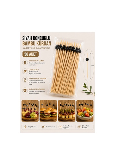 Siyah Boncuklu Bambu Kürdan 9 Cm 50 Adet - 913960902