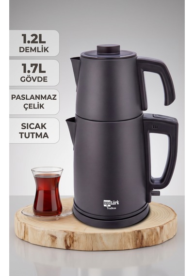 Egetürk Teadem 2000w Elektrikli Çay Makinesi, Çaycı 1.7l Su Isıtıcısı .2l Demlik Paslanmaz Çelik Siyah